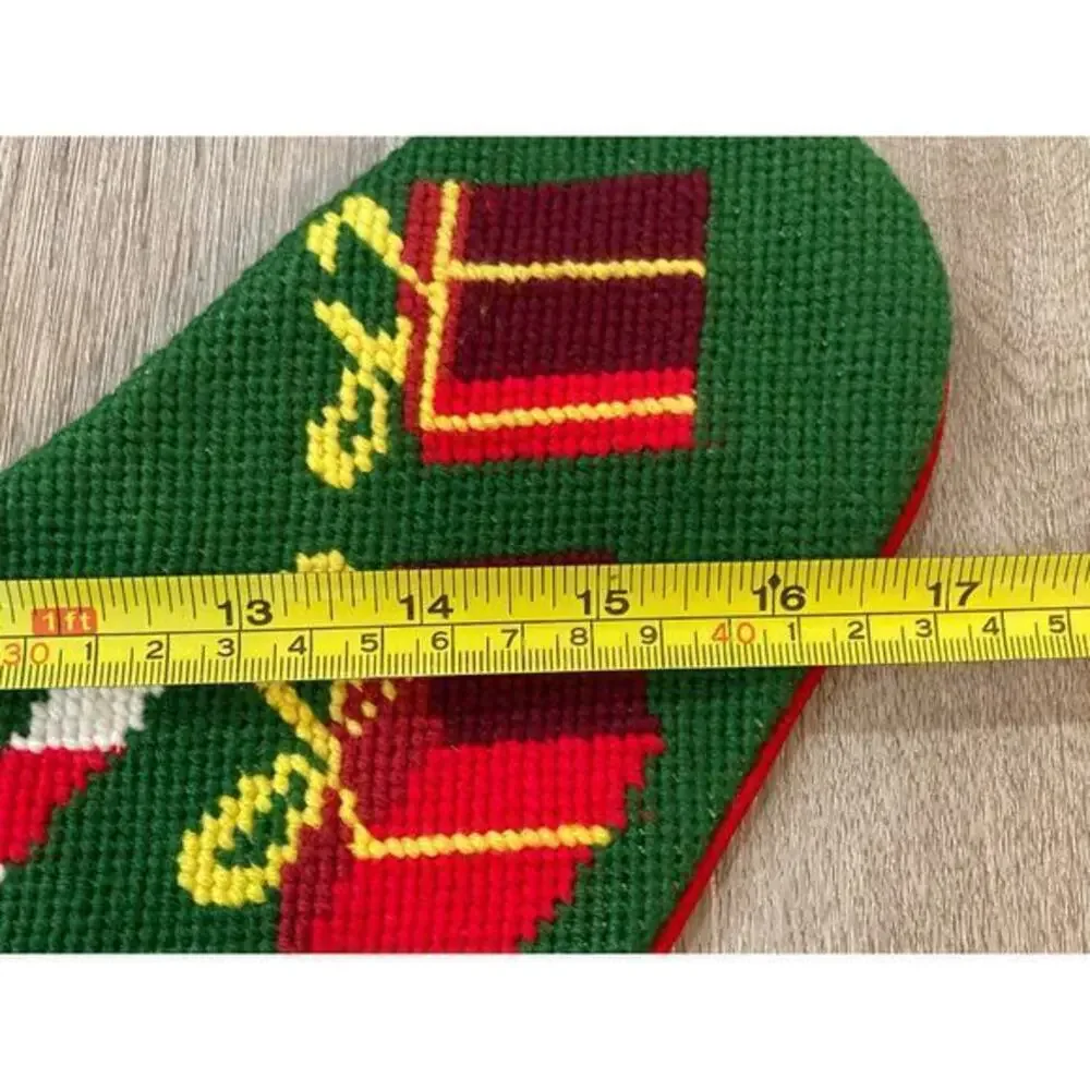 Vintage Needlepoint Santa Christmas Stocking Green Red 17